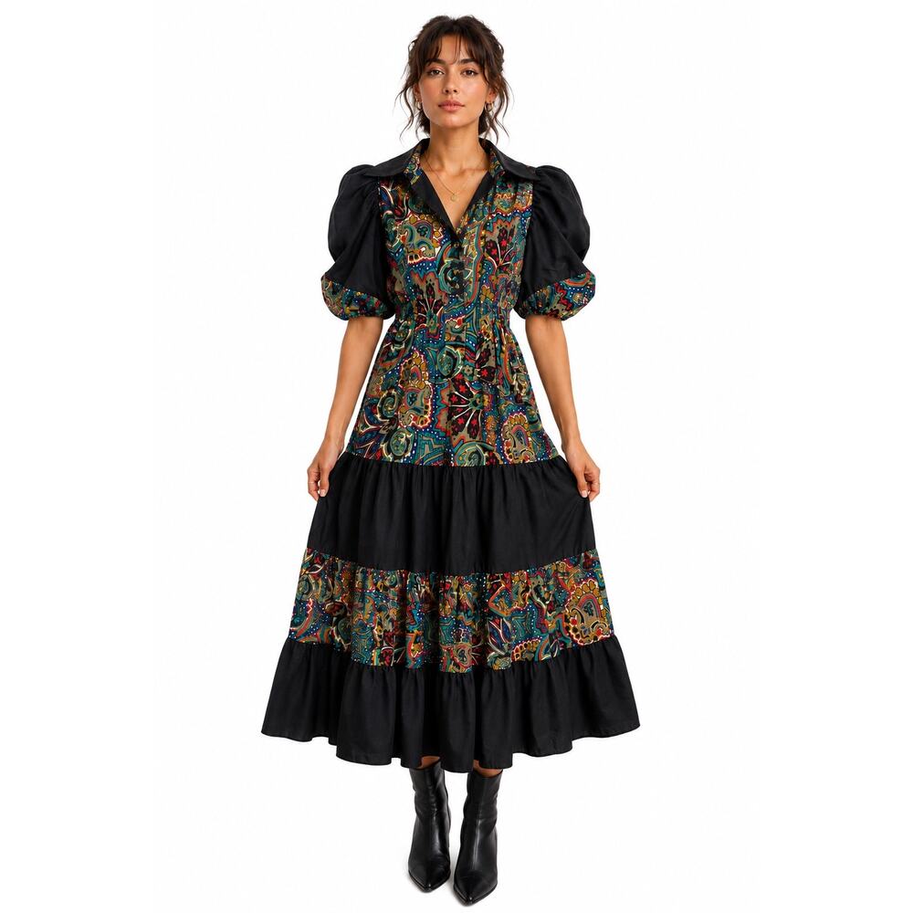 1980s Claudia Jane Klein Paisley Puff Sleeve Midi Dress Small